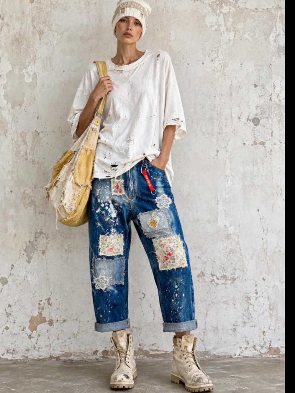 Bleach wash patched jeans
